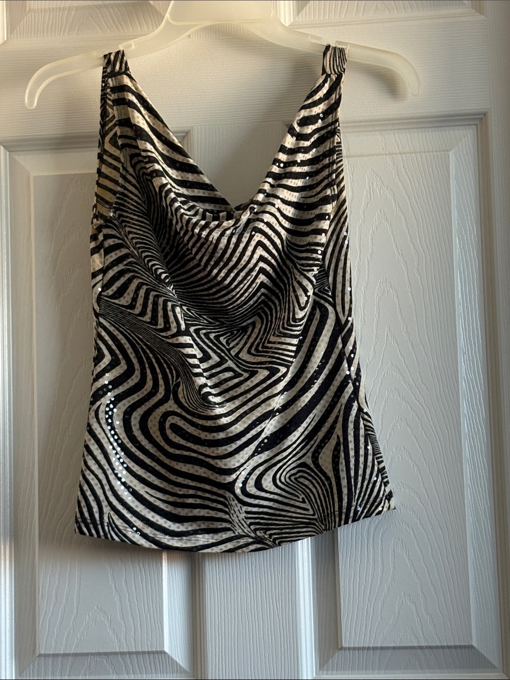 Forever 21 Black and Silver Zebra-Stripe Sequin Cowl Neck Tank